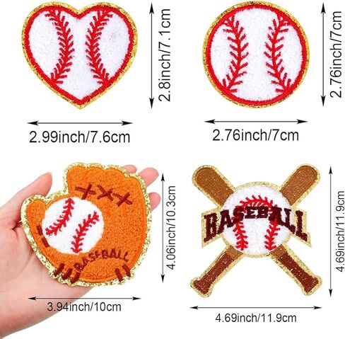 10 PCS Baseball Patches Iron On Chenille Gold Glitter Edges Patch Baseball Iron On Patches Applique for Jeans Bags DIY Clothing Hats Jackets Bag Backpacks Repair in Saudi Arabia