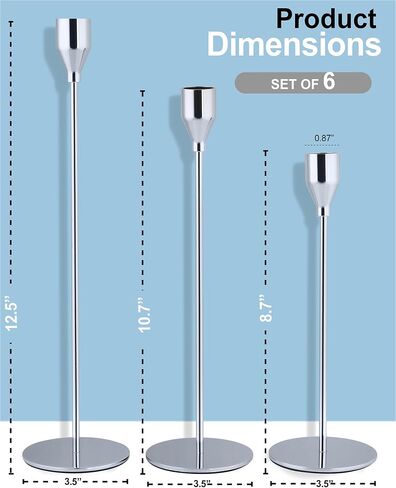 Candlestick Holders Silver Set of 6 - Modern Decorative Candle Holders - Tapered Metal Candle Holder - Centerpiece for Weddings, Celebrations, and Home Decor in Saudi Arabia