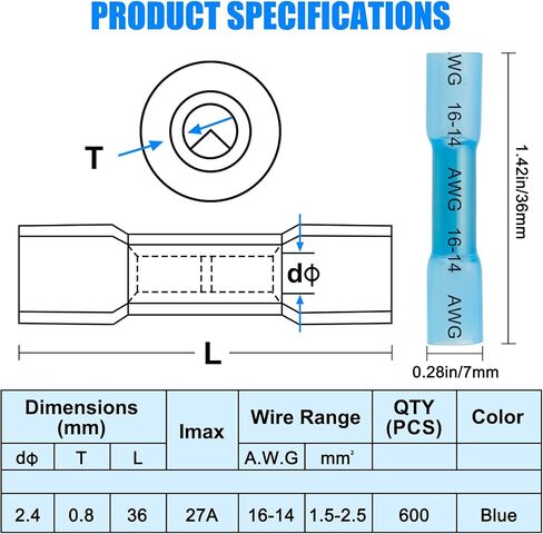 Linkstyle 600 قطعة من موصلات المؤخرة المنكمشة بالحرارة، 16-14 AWG موصلات أسلاك كهربائية من الدرجة البحرية الزرقاء، للقوارب والسيارات المنزلية الصناعية in Saudi Arabia