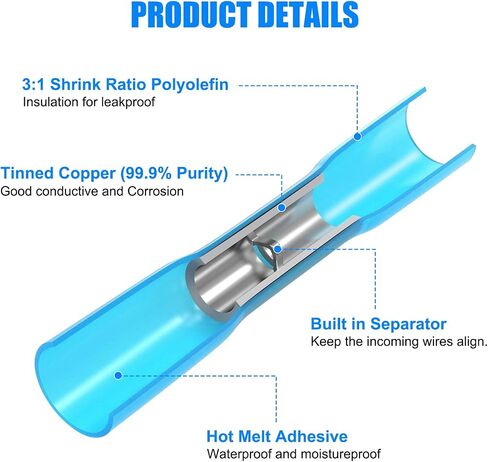 Linkstyle 600 قطعة من موصلات المؤخرة المنكمشة بالحرارة، 16-14 AWG موصلات أسلاك كهربائية من الدرجة البحرية الزرقاء، للقوارب والسيارات المنزلية الصناعية in Saudi Arabia