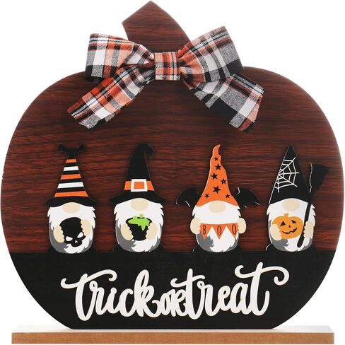 RoseCraft Halloween Decorations, 11Inch Wooden Gnome Bow Pumpkin Sign Table Decorations, for Home Farmhouse Living Room Holiday Party Decor. in Kuwait