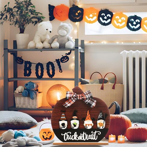 RoseCraft Halloween Decorations, 11Inch Wooden Gnome Bow Pumpkin Sign Table Decorations, for Home Farmhouse Living Room Holiday Party Decor. in Kuwait