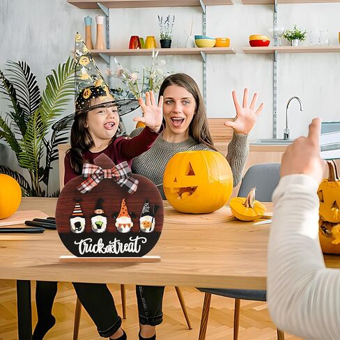 RoseCraft Halloween Decorations, 11Inch Wooden Gnome Bow Pumpkin Sign Table Decorations, for Home Farmhouse Living Room Holiday Party Decor. in Kuwait