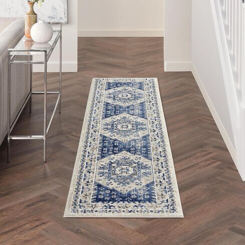 Nourison Cyrus Bohemian Ivory Blue مقاس 2'2 بوصة × 7'6 بوصة - سجادة، سهلة التنظيف، لا تساقط، غرفة النوم، غرفة المعيشة، غرفة الطعام، المطبخ (2x8) in Kuwait
