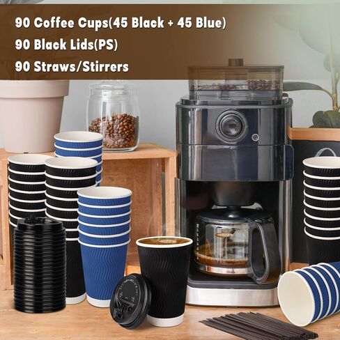 90 عبوة من فناجين القهوة للاستعمال مرة واحدة مع أغطية وقش، معزولة بجدار مموج للذهاب إلى أكواب القهوة الساخنة والشاي والمشروبات والشوكولاتة وأكواب ورقية للمكتب المنزلي والمقهى (أسود وأزرق) in Kuwait