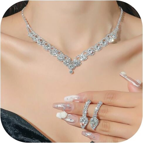 YANCHUN Silver Wedding Jewelry Sets for Brides Bridesmaid Formal Rhinestone Necklace Bracelet Earrings Prom Costume Jewelry for Women Wedding Day Party Accessories in Saudi Arabia
