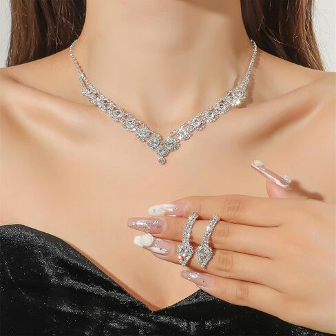 YANCHUN Silver Wedding Jewelry Sets for Brides Bridesmaid Formal Rhinestone Necklace Bracelet Earrings Prom Costume Jewelry for Women Wedding Day Party Accessories in Saudi Arabia