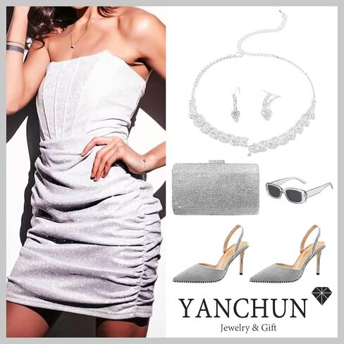 YANCHUN Silver Wedding Jewelry Sets for Brides Bridesmaid Formal Rhinestone Necklace Bracelet Earrings Prom Costume Jewelry for Women Wedding Day Party Accessories in Saudi Arabia