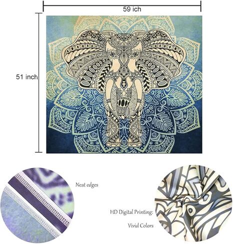 sylbapstry Bohemian Elephant Tapestry Mandala Boho Wall Hanging Vintage Watercolor Indian Art Home Decoration Bedroom Decor Yoga Tapestries Living Room Door Curtain Room Divider 59.1" × 51.2" in Saudi Arabia