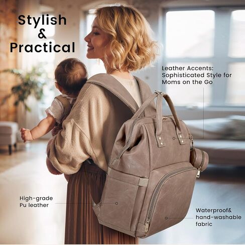 حقيبة ظهر للحفاضات - جلد نباتي، حقيبة سفر مضادة للماء للأطفال مع وسادة تغيير الحفاضات، حقيبة اللهاية، جيب للسرقة، كبيرة 35 لتر، هدايا استحمام الطفل للأم والأب، أسود in Kuwait