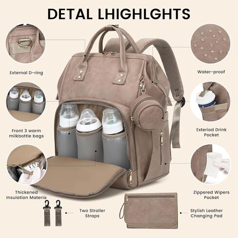 حقيبة ظهر للحفاضات - جلد نباتي، حقيبة سفر مضادة للماء للأطفال مع وسادة تغيير الحفاضات، حقيبة اللهاية، جيب للسرقة، كبيرة 35 لتر، هدايا استحمام الطفل للأم والأب، أسود in Kuwait