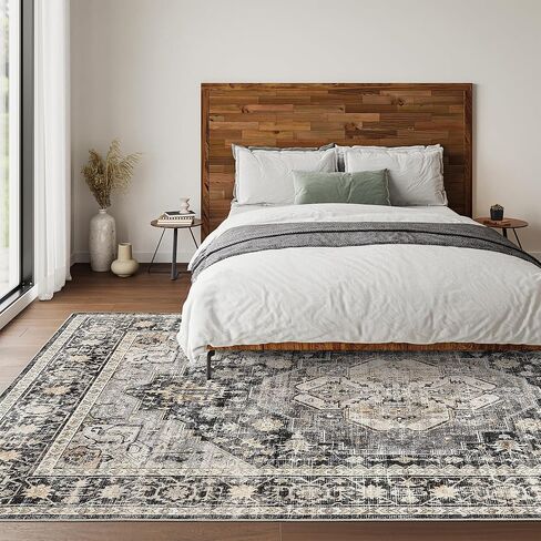 سجادة Art&Tuft مقاس 6x9، سجادة منطقة قابلة للغسل مقاس 6x9 لغرفة المعيشة مع مقاومة للانزلاق، سجادة منطقة عتيقة مقاومة للبقع مقاس 6x9 لغرفة النوم، وغرفة الطعام، والمطبخ، باللون الأسود in Kuwait