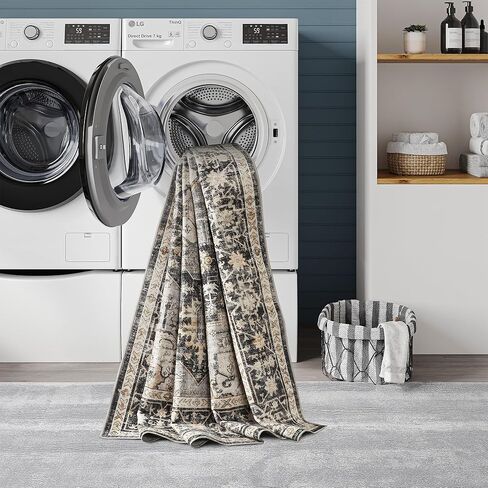 سجادة Art&Tuft مقاس 6x9، سجادة منطقة قابلة للغسل مقاس 6x9 لغرفة المعيشة مع مقاومة للانزلاق، سجادة منطقة عتيقة مقاومة للبقع مقاس 6x9 لغرفة النوم، وغرفة الطعام، والمطبخ، باللون الأسود in Kuwait