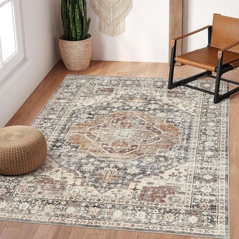 Art&Tuft 6x9 Rug, Washable Area Rug 6x9 for Living Room with Anti Slip, Vintage Stain Resistant 6x9 Area Rug for Bedroom, Dining Room, Kitchen, Black in Saudi Arabia