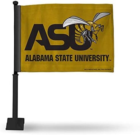 Rico Industries NCAA Alabama State Hornets Black Pole Double Sided Car Flag W' Black Pole in Saudi Arabia
