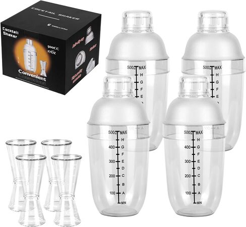 Plastic Cocktail Shaker 4 Pack 17oz Drink Mixer Gift Boxed With 4 Pack Ounce Cup Clear Bar Set in Saudi Arabia