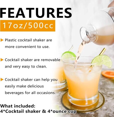 Plastic Cocktail Shaker 4 Pack 17oz Drink Mixer Gift Boxed With 4 Pack Ounce Cup Clear Bar Set in Saudi Arabia