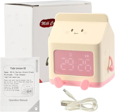 ساعة منبه من كرتونة الحليب من KASCLINO، ساعة منبه بشاشة LED، ساعة رقمية مزخرفة لسطح المكتب، ساعة العد التنازلي للاستيقاظ مع كابل بيانات (وردي) in Kuwait