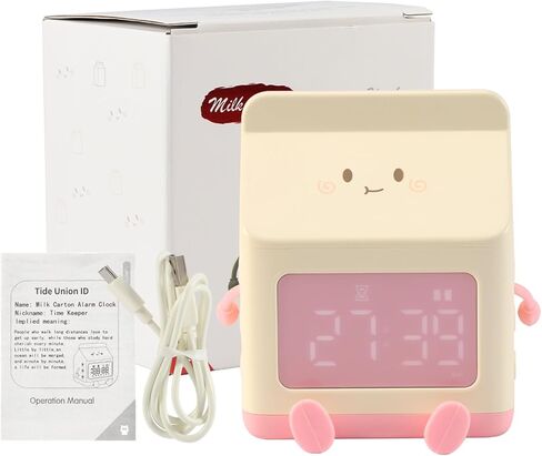 ساعة منبه من كرتونة الحليب من KASCLINO، ساعة منبه بشاشة LED، ساعة رقمية مزخرفة لسطح المكتب، ساعة العد التنازلي للاستيقاظ مع كابل بيانات (وردي) in Kuwait