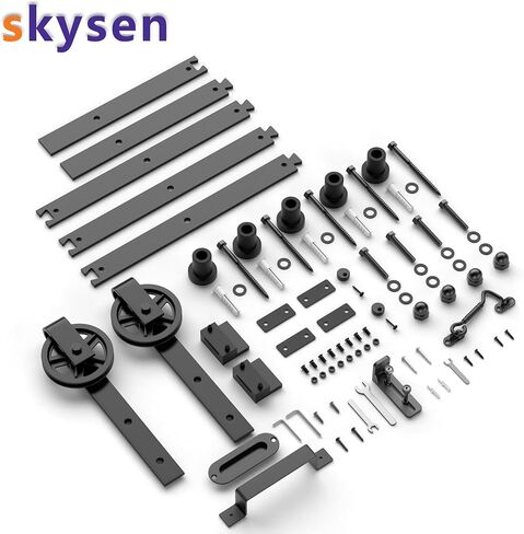 مجموعة أدوات باب الحظيرة المنزلقة بطول 6 أقدام من SKYSEN، مسار باب الحظيرة، مادة سميكة 1/4 بوصة - 4FT-13FT متوفرة - مسار كومبيناتون - سلس وهادئ - سهل التركيب - أسود (عجلة كبيرة 5-S) in Kuwait