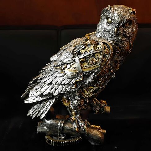 تمثال بومة Steampunk مقاس 11.6 بوصة ارتفاع معدني فضي وذهبي قوطي تمثال حيوان حكمة هدية منحوتة بومة لتزيين مكتب المنزل وغرفة المعيشة رف الطاولة in Kuwait