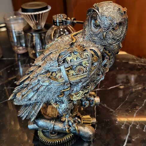تمثال بومة Steampunk مقاس 11.6 بوصة ارتفاع معدني فضي وذهبي قوطي تمثال حيوان حكمة هدية منحوتة بومة لتزيين مكتب المنزل وغرفة المعيشة رف الطاولة in Kuwait