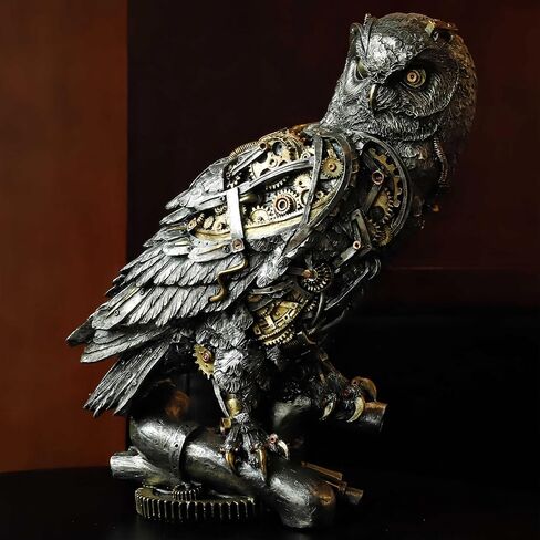 تمثال بومة Steampunk مقاس 11.6 بوصة ارتفاع معدني فضي وذهبي قوطي تمثال حيوان حكمة هدية منحوتة بومة لتزيين مكتب المنزل وغرفة المعيشة رف الطاولة in Kuwait