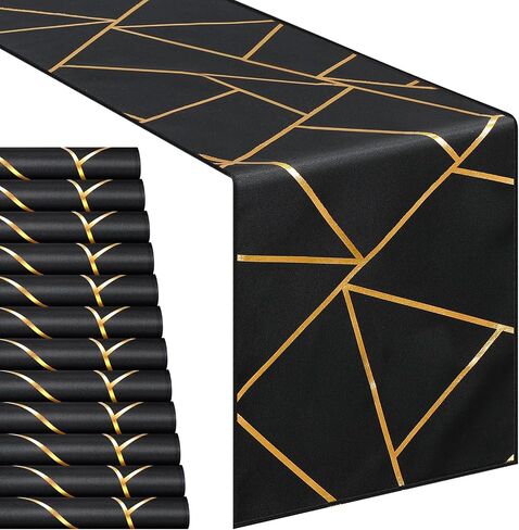 12 Pack Gold Foil Geometric Pattern Outdoor Table Runner 12 x 108 Inch Blush Polyester Dinner Napkins for Home Nightstand Dinner Parties Bridal Wedding Engagement Supplies (Black) in Saudi Arabia