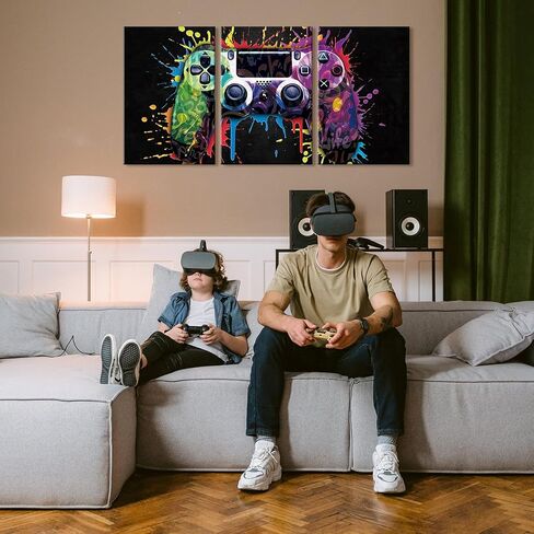 Ausril Gamepad Graffiti Framed Canvas Wall Art Set, Gamer Room Wall Decor, Black Video Game Theme Wall Painting, Colorful Gaming Controller Art Print for Living Room Boys Bedroom Playroom 16"x24"x3 in Saudi Arabia