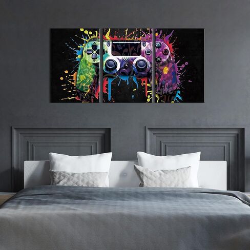Ausril Gamepad Graffiti Framed Canvas Wall Art Set, Gamer Room Wall Decor, Black Video Game Theme Wall Painting, Colorful Gaming Controller Art Print for Living Room Boys Bedroom Playroom 16"x24"x3 in Saudi Arabia