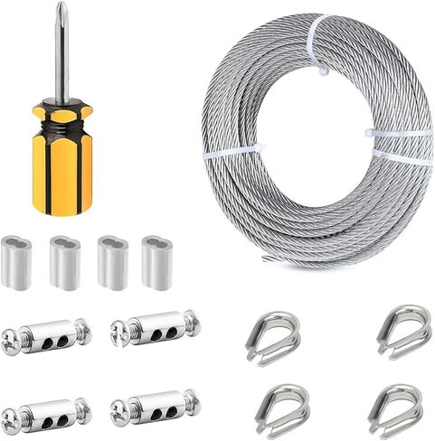 33FT 1/8" Wire Cable Kit, 304 Stainless Steel Cable Wire Rope 7x7 Strand Core with Loop Sleeve Steel Thimble Wire Rope Clamp Screwdriver Cable Wire Rope for Deck Railing System Outdoor Hanging Kit in Saudi Arabia