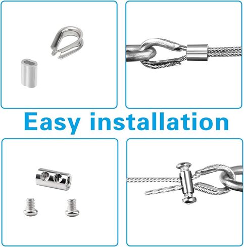 33FT 1/8" Wire Cable Kit, 304 Stainless Steel Cable Wire Rope 7x7 Strand Core with Loop Sleeve Steel Thimble Wire Rope Clamp Screwdriver Cable Wire Rope for Deck Railing System Outdoor Hanging Kit in Saudi Arabia