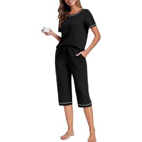 PrinStory Women's Pajama Sets Short Sleeve Sleepwear Top and Capri Pants Soft Loungewear Pjs Set 2 Piece with Pockets