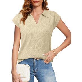 Messic Womens Cap Sleeve Sweater Lapel V Neck Casual Knit Pullover Tops 2024
