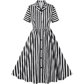 Women Black and White Striped Dress Halloween Costume Vintage 1950s Buttons Rockabilly Pinup Dress 50s Cosplay Outfit