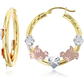 14K Tricolor Gold 3mm Thick Diamond Cut Flower, Virgin Mary, Lovebirds and Heart Hoop Earrings For Women and Girls Hoop | Earrings For Sensitive Ears | Tricolor Small Hoop Earrings, 25mm-30mm