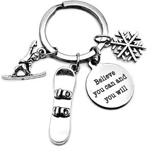 Kit's Kiss Snowboard Keychain Snowboarder Keychain Snowboarding Snowflake Snowboarder Gift Believe You Can and You Will, Silver, Diameter of Key Ring : 1.2 inches (3 cm)
