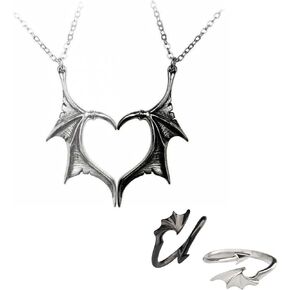 ZMJK Devil Angel Wing Open Adjustable Ring Punk Wings Heart Shape Pendant Necklace Ring Set Dragon Wing Couple Ring for Women Men