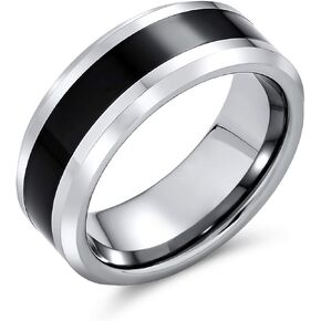 Simple Two Tone Black Center Couples Titanium Wedding Band Ring For Men For Women Silver Tone Beveled Edge 8MM