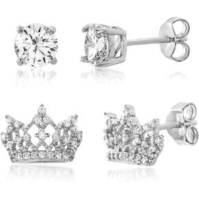 Devin Rose Sterling Silver Cubic Zirconia Princess Royal Tiara Crown Stud 2 Pair Earrings Set for Women