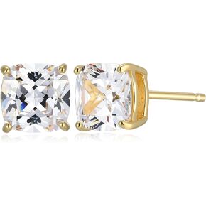 18K Gold Plated Sterling Silver Classic Cushion or Round Cubic Zirconia Stud Earrings