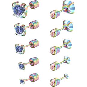 5 Pairs Stud Earrings Colorful Cubic Zirconia Stainless Steel Stud Earring Hypoallergenic Screw Back Earrings Double Side Piercing Earrings Gifts for Women Mother's Day