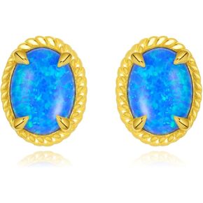14K Solid Gold Opal Stud Earrings - 8x10mm Blue Opal Gold Earrings Stud Yellow Gold Halo Oval Opal Stud Earrings for Women