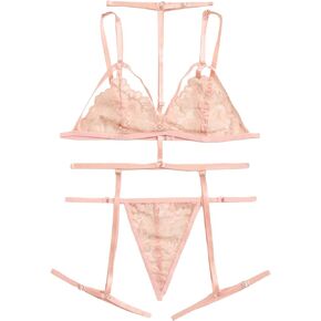 WDIRARA Women's 3 Pieces Floral Lace Mesh Garter Lingerie Set Bra and Panty Set with Choker