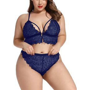 Women Plus Size Underwear Sexy Back Cross Bra Lace Bralette 2 Piece Mesh Lingerie Set