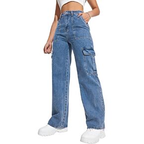 Women's High Waisted Cargo Baggy Jeans Flap Pocket Side Denim Pants Straight Leg Streetwear Trousers with Big Pockets