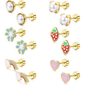 HAIAISO 6Pairs Stainless Steel Stud Earrings 18G Flat Back Stud Earrings for Women Girls Tiny Cartilage Earrings Heart Flower Strawberry Rainbow Pearl Hypoallergenic Flatback Earrings Piercing Jewelry