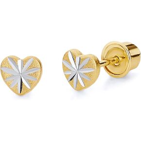 14k Yellow Gold Diamond Cut Heart Stud Earrings with Screw Back