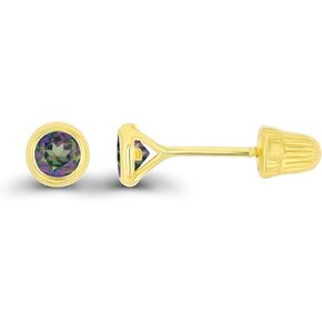 Solid 14K Gold Hypoallergenic 3mm Round Solitaire Genuine Birthstone Bezel Screw Back Stud Earrings