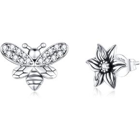 Bellitia Jewelry 925 Sterling Silver Butterfly Flower Asymmetric Stud Earrings for Women, Fashion Cubic Zirconia Woman Jewelry Set Earring Gift for Girls Ladies